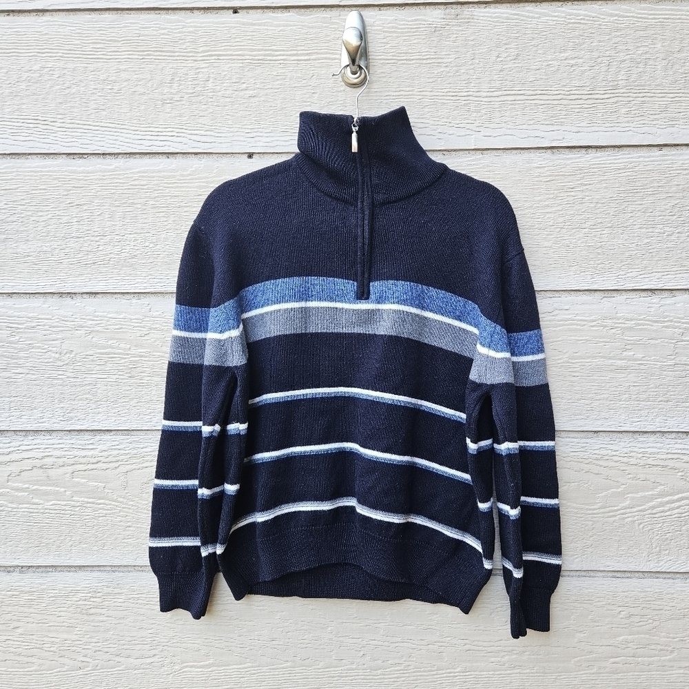 Gionfriddo navy wool blend quarter zip sweater blue and white stripes large